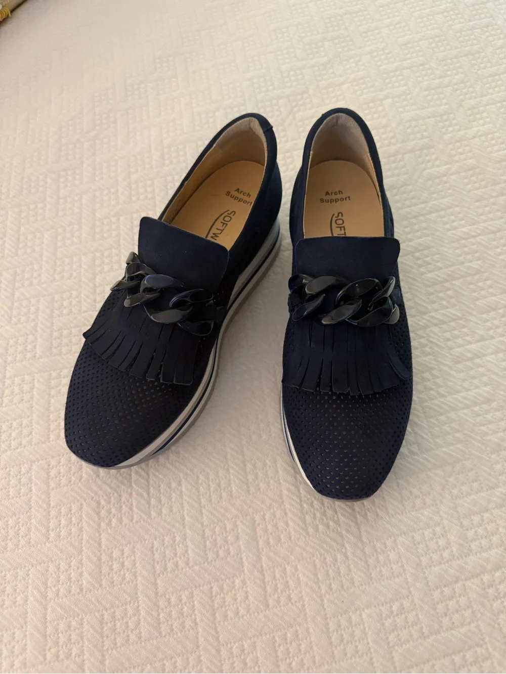Navy Perforated Fringe Loafers with Glossy Chain